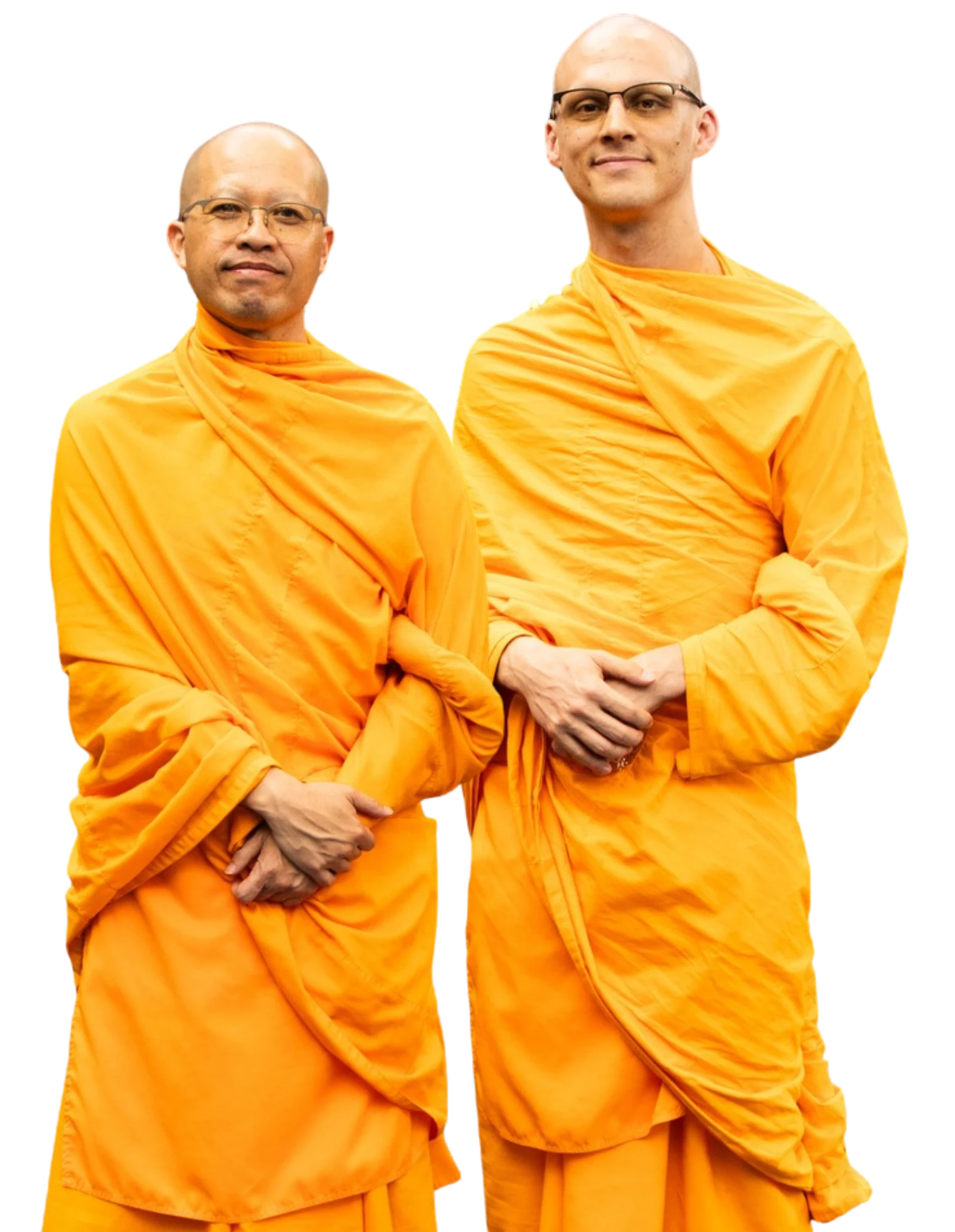 Venerable Nick and Venerable Michael standing together in saffron robes.