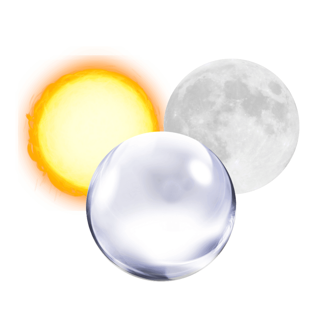 A glowing sun, a full moon and a clear crystal ball.